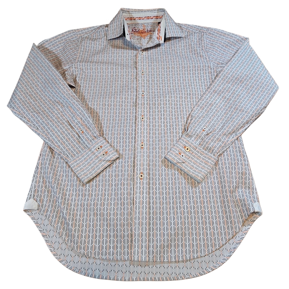 Robert Graham Button Down Shirt Men Medium White Orange Navy Striped Long Sleeve